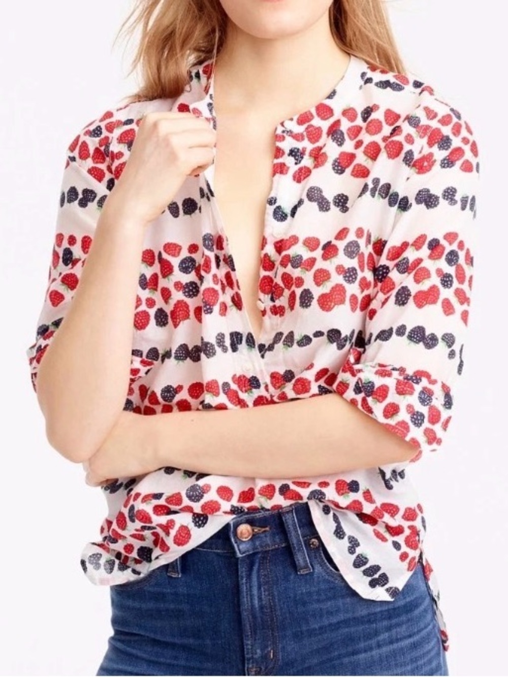 J.Crew Cotton Silk Berry Print Popover Henley Blouse Size 4